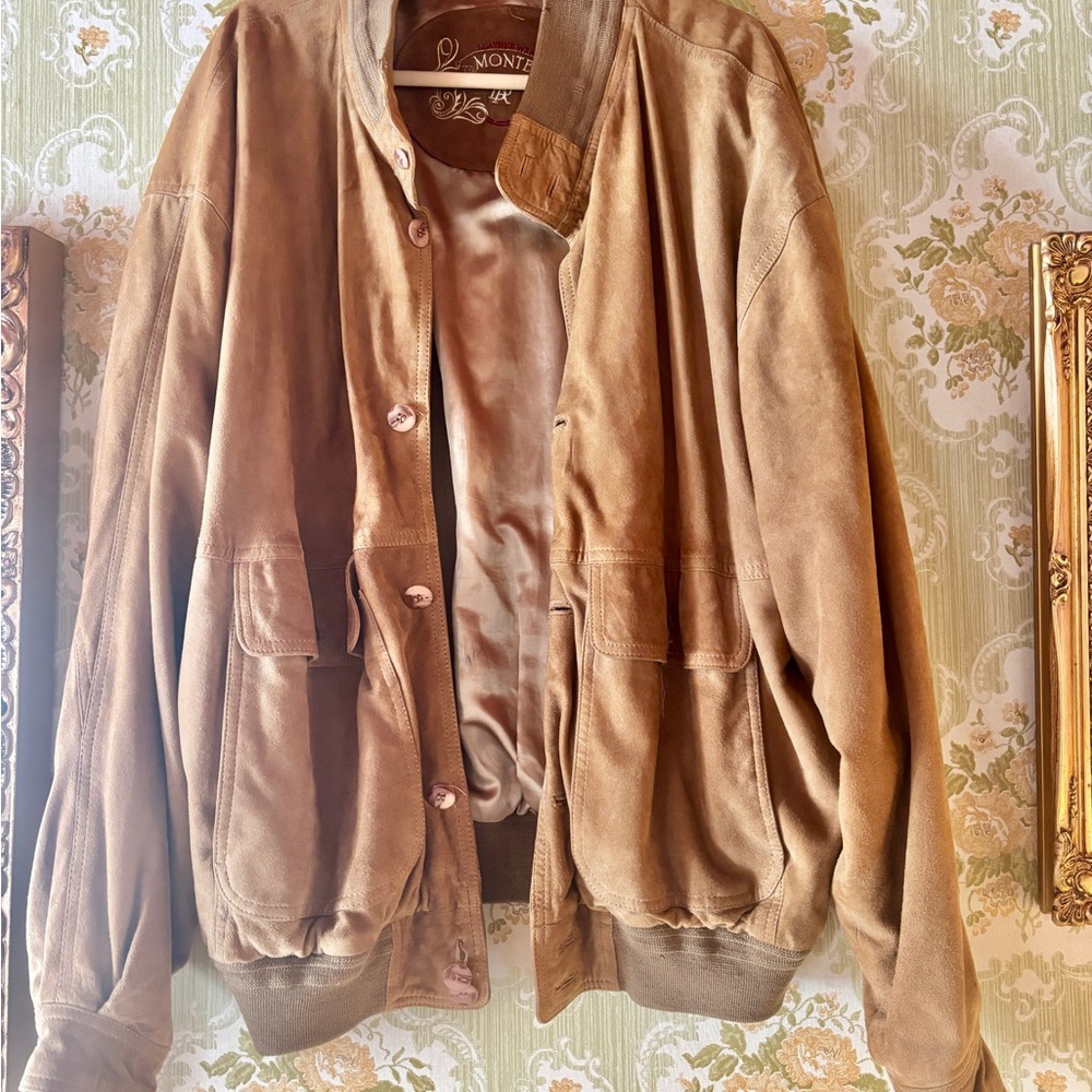 Vintage Montes Leather Wear Suede Leather Bomber Jacket Brown German Button Up
